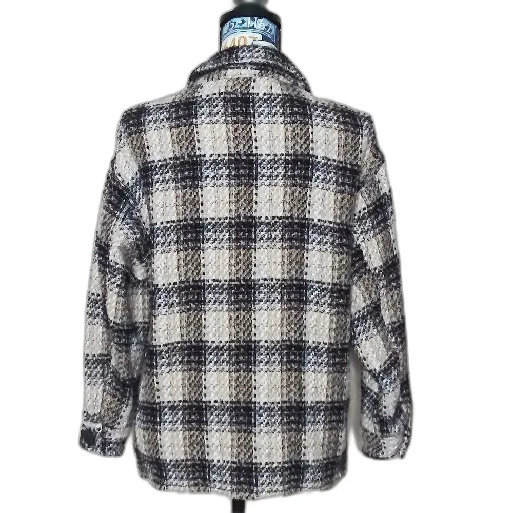 ZARA Tweed Plaid Button Up Shacket M Chunky Overshirt Jacket Oversized Neutral